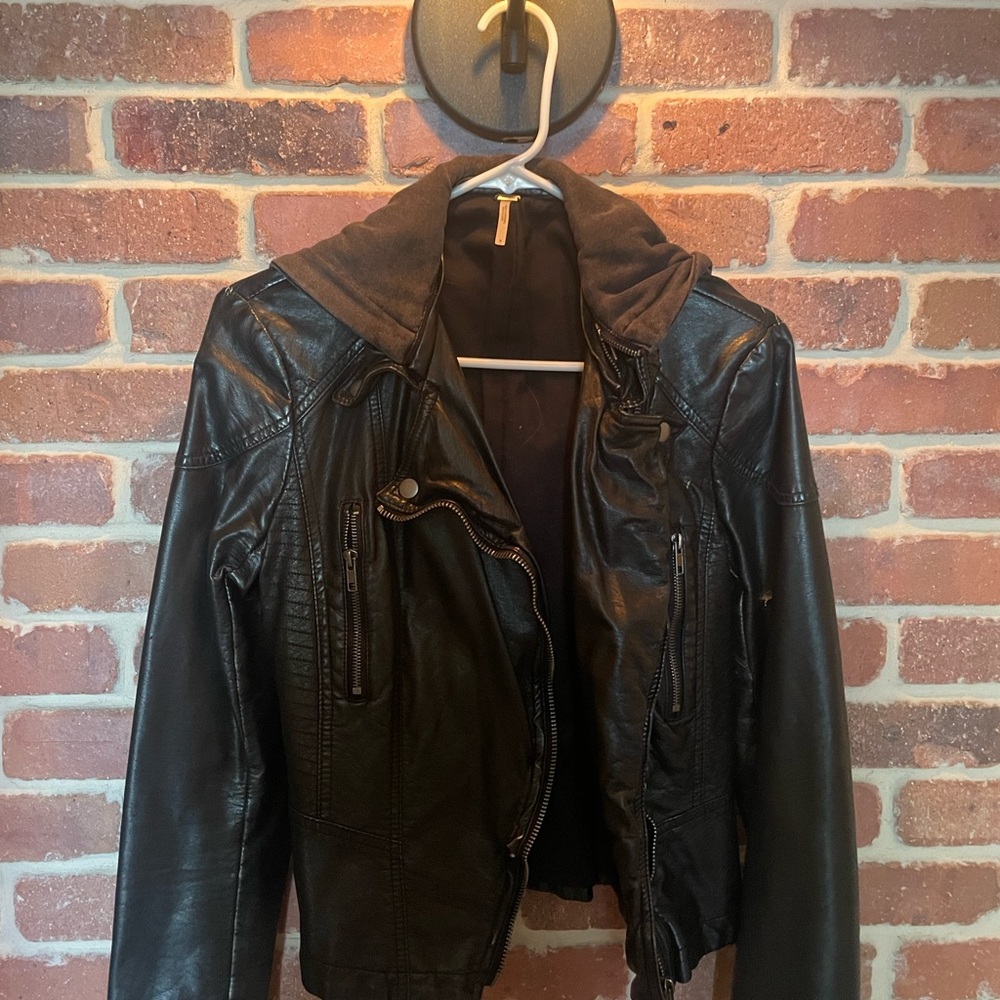 Black Free people  vegan leather Moto jacket with detachable hood